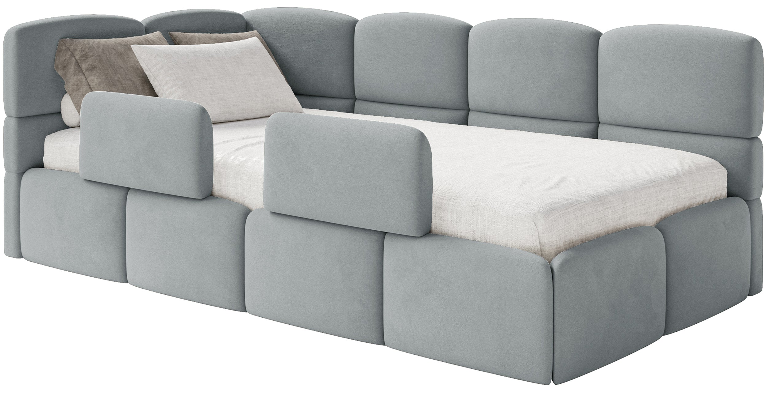 Jugendbett 90x200 cm Cloudy linksseitig mit Matratze, Stauraum und Schutzgittern, grauer Velours, wasserabweisend und pflegeleicht