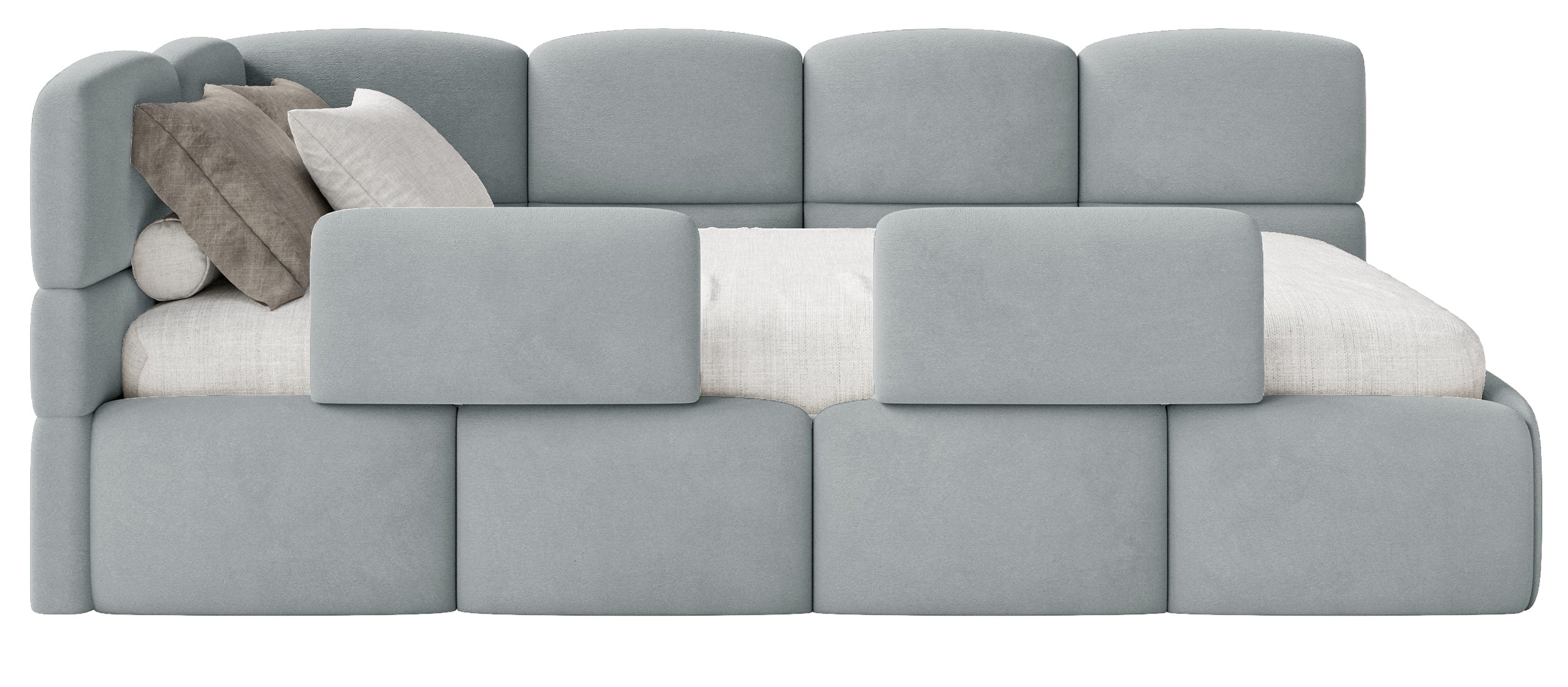Jugendbett 90x200 cm Cloudy linksseitig mit Matratze, Stauraum und Schutzgittern, grauer Velours, wasserabweisend und pflegeleicht