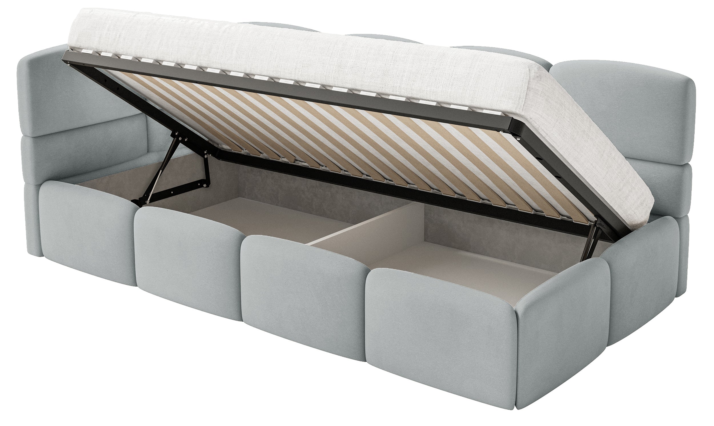 Jugendbett 90x200 cm Cloudy linksseitig mit Matratze, Stauraum und Schutzgittern, grauer Velours, wasserabweisend und pflegeleicht