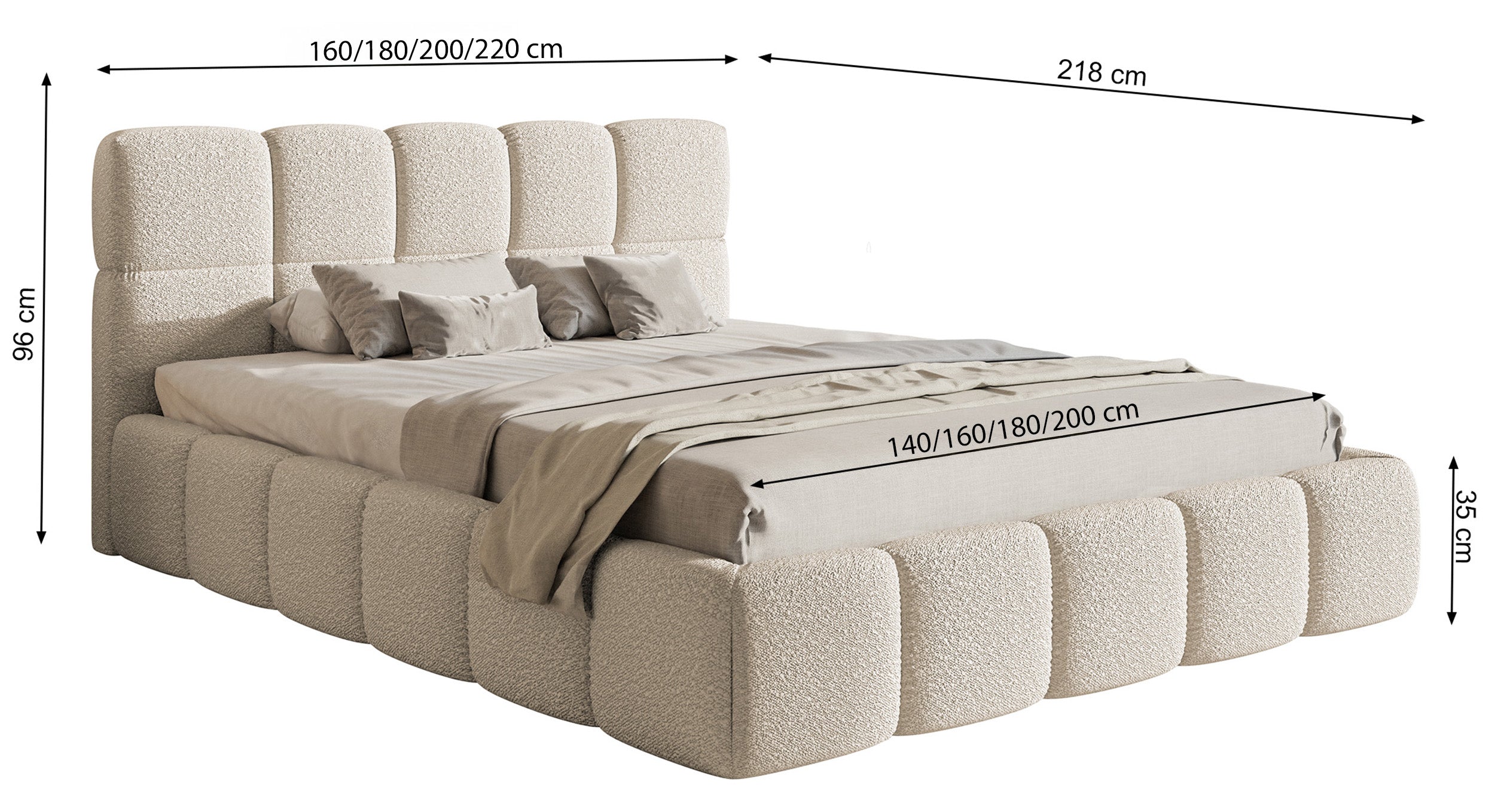 Gepolstertes Bett 140x200 cm Cloudy mit Stauraum, grauer Bouclé-Stoff