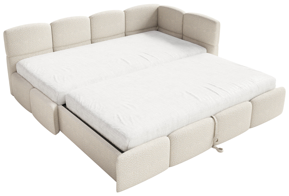 Jugendbett 90x200 cm Cloudy, rechtsseitig ausziehbar, mit Matratzen, hellbeige Bouclé