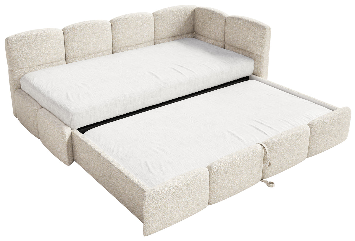 Jugendbett 90x200 cm Cloudy, rechtsseitig ausziehbar, mit Matratzen, hellbeige Bouclé