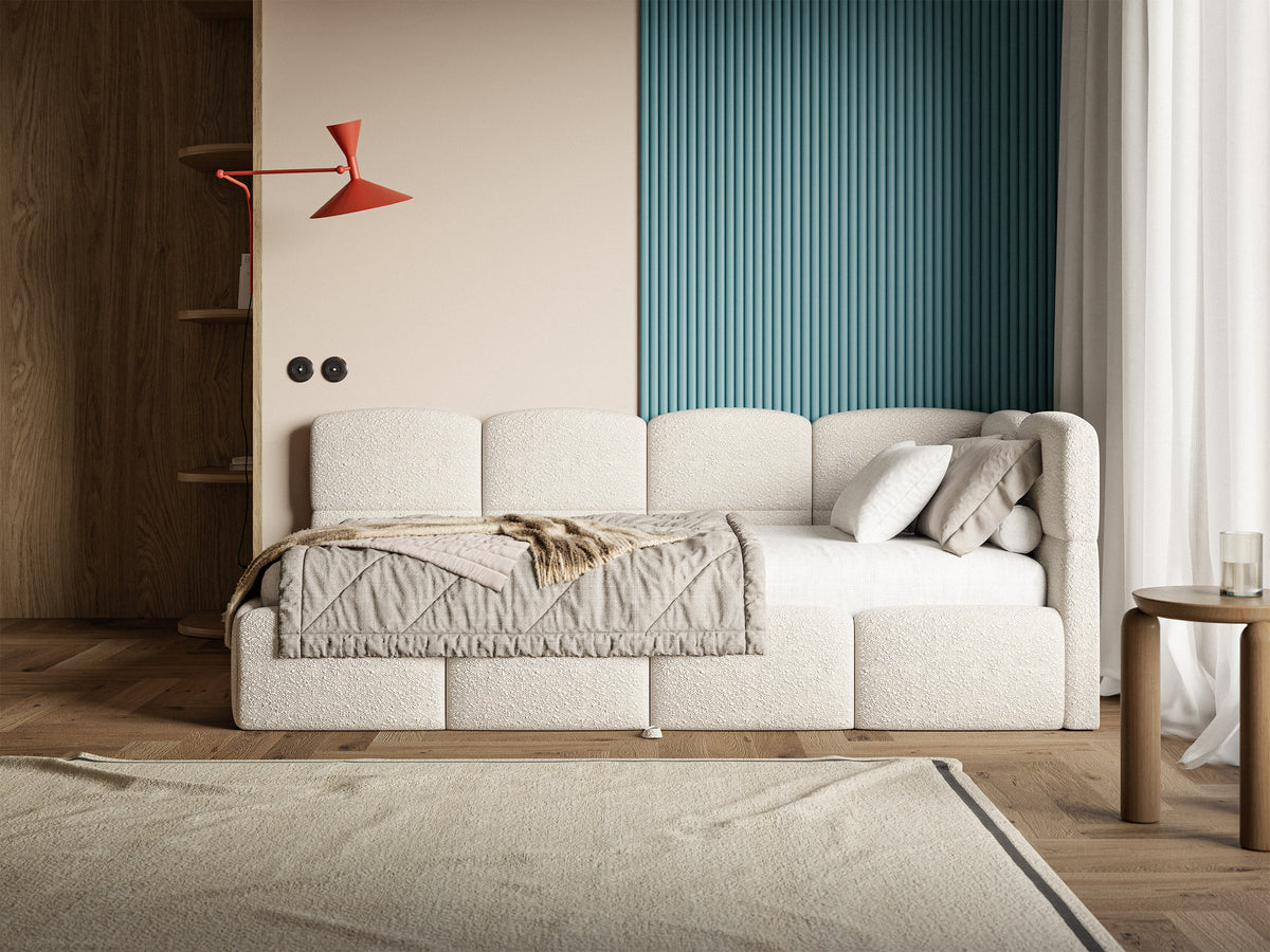 Jugendbett 90x200 cm Cloudy, rechtsseitig ausziehbar, mit Matratzen, hellbeige Bouclé
