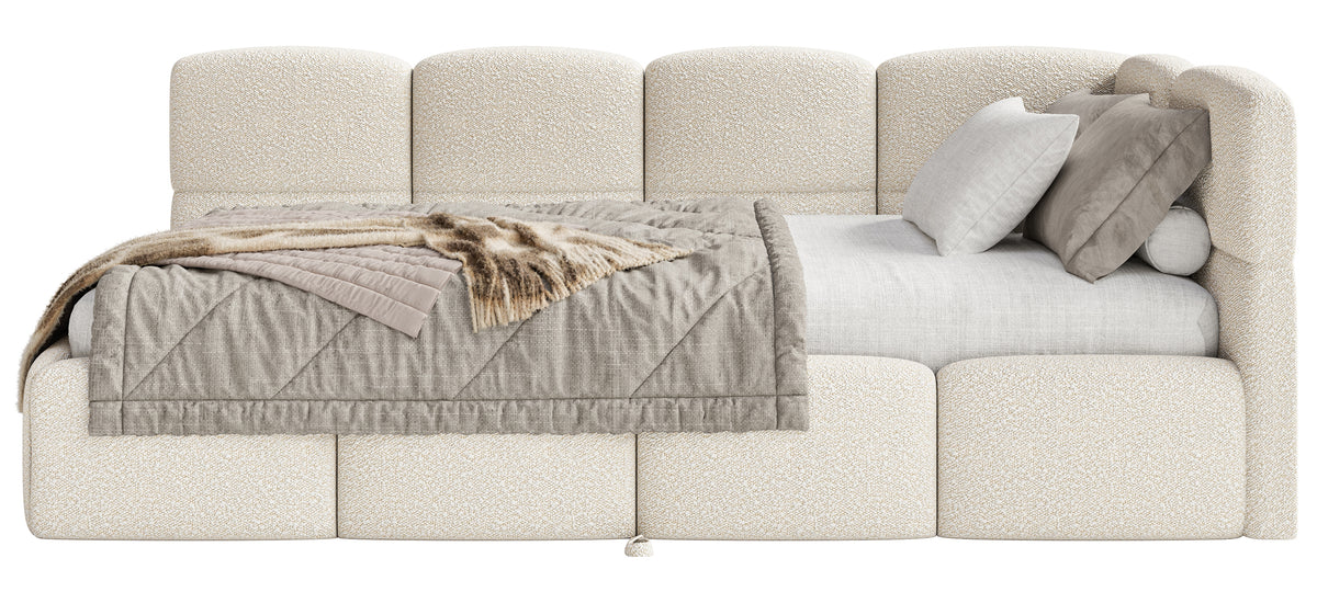 Jugendbett 90x200 cm Cloudy, rechtsseitig ausziehbar, mit Matratzen, hellbeige Bouclé