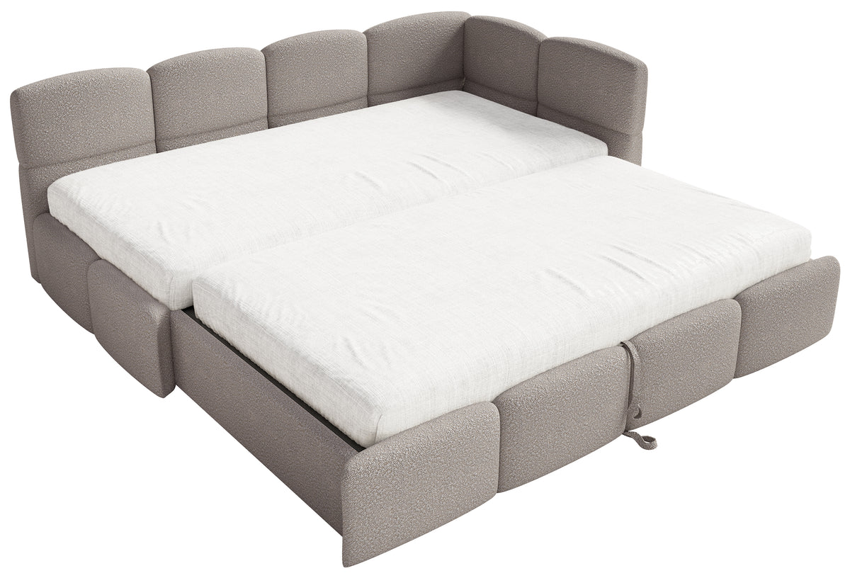 Jugendbett 90x200 cm Cloudy, rechtsseitig ausziehbar, mit hellgrauen Bouclé-Matratzen