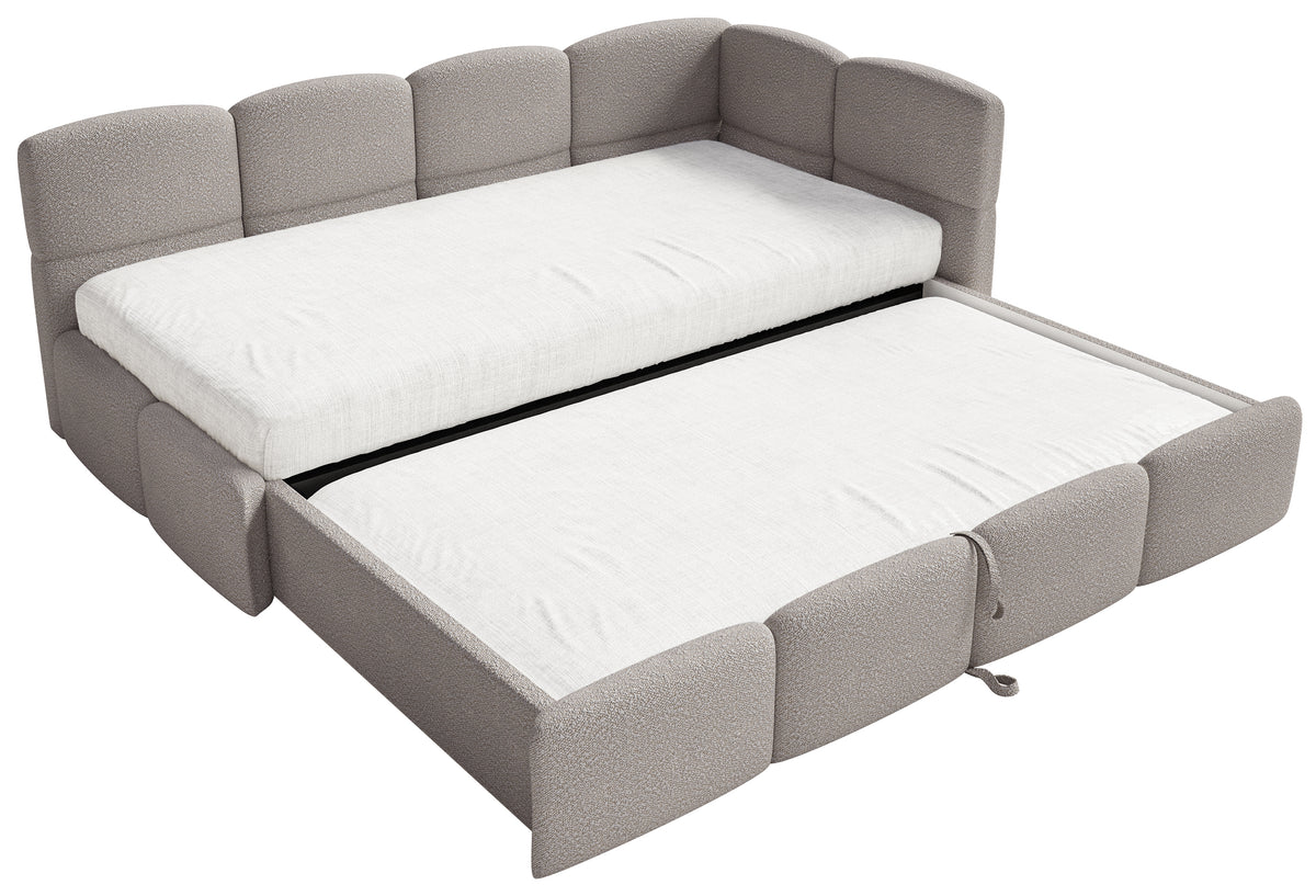 Jugendbett 90x200 cm Cloudy, rechtsseitig ausziehbar, mit hellgrauen Bouclé-Matratzen