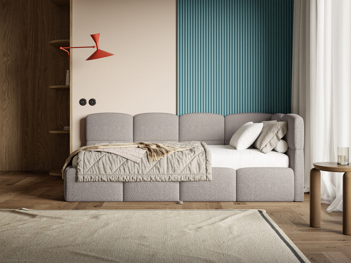 Jugendbett 90x200 cm Cloudy, rechtsseitig ausziehbar, mit hellgrauen Bouclé-Matratzen