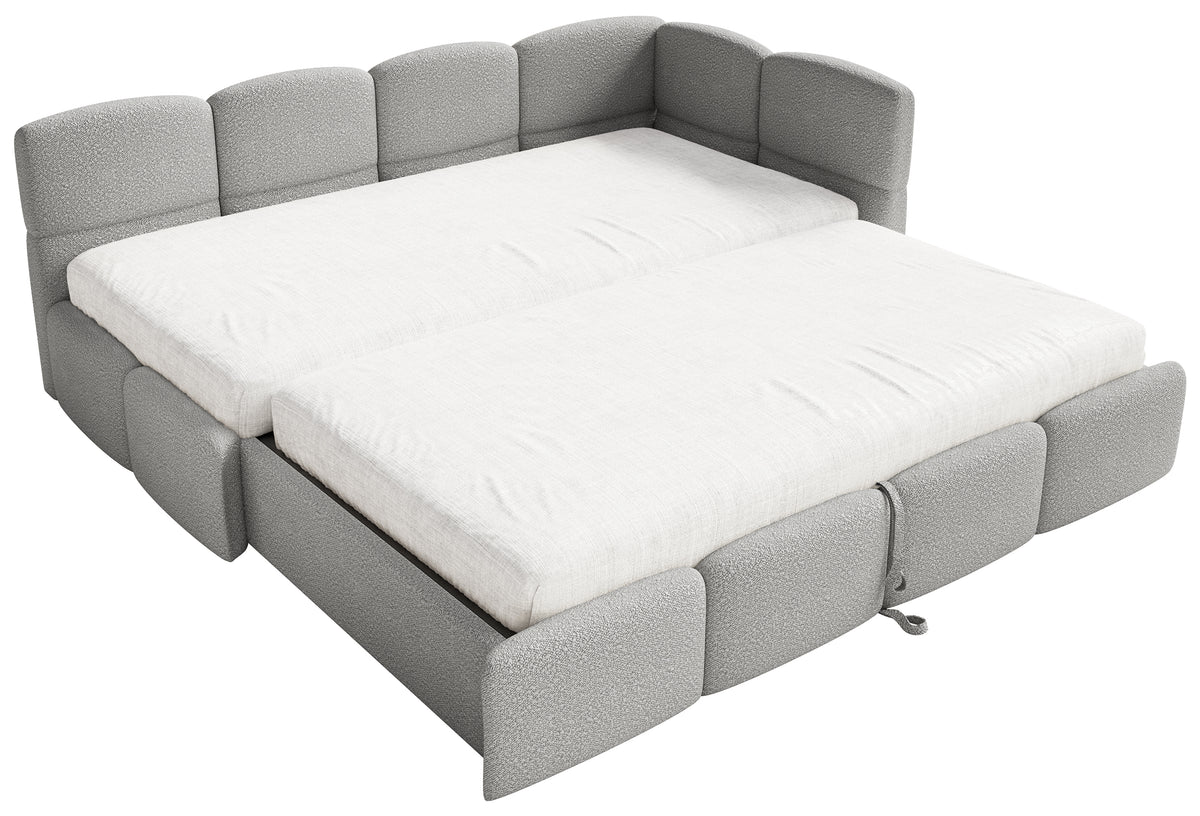 Jugendbett 90x200 cm Cloudy, rechtsseitig ausziehbar, mit Matratzen, grauer Bouclé-Bezug