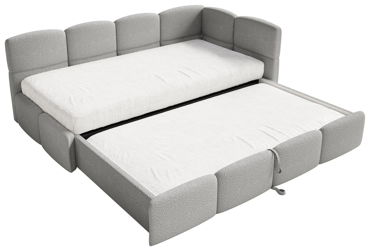 Jugendbett 90x200 cm Cloudy, rechtsseitig ausziehbar, mit Matratzen, grauer Bouclé-Bezug