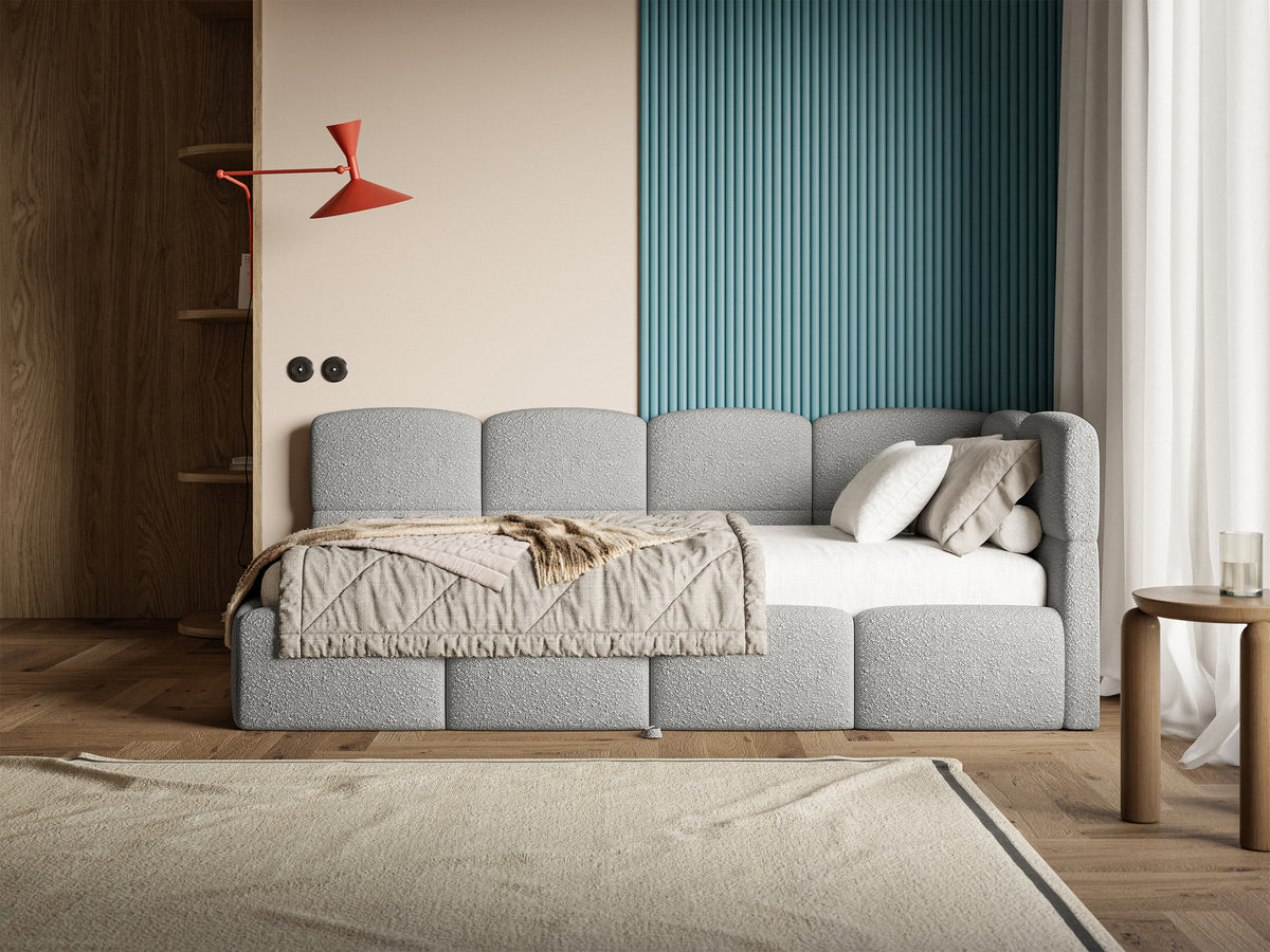 Jugendbett 90x200 cm Cloudy, rechtsseitig ausziehbar, mit Matratzen, grauer Bouclé-Bezug