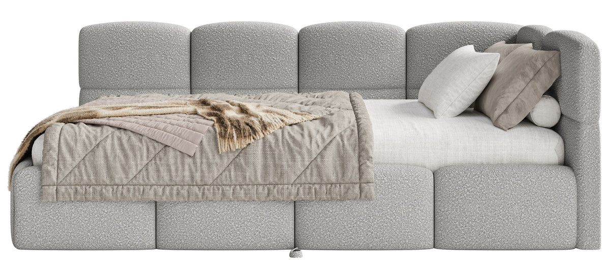 Jugendbett 90x200 cm Cloudy, rechtsseitig ausziehbar, mit Matratzen, grauer Bouclé-Bezug