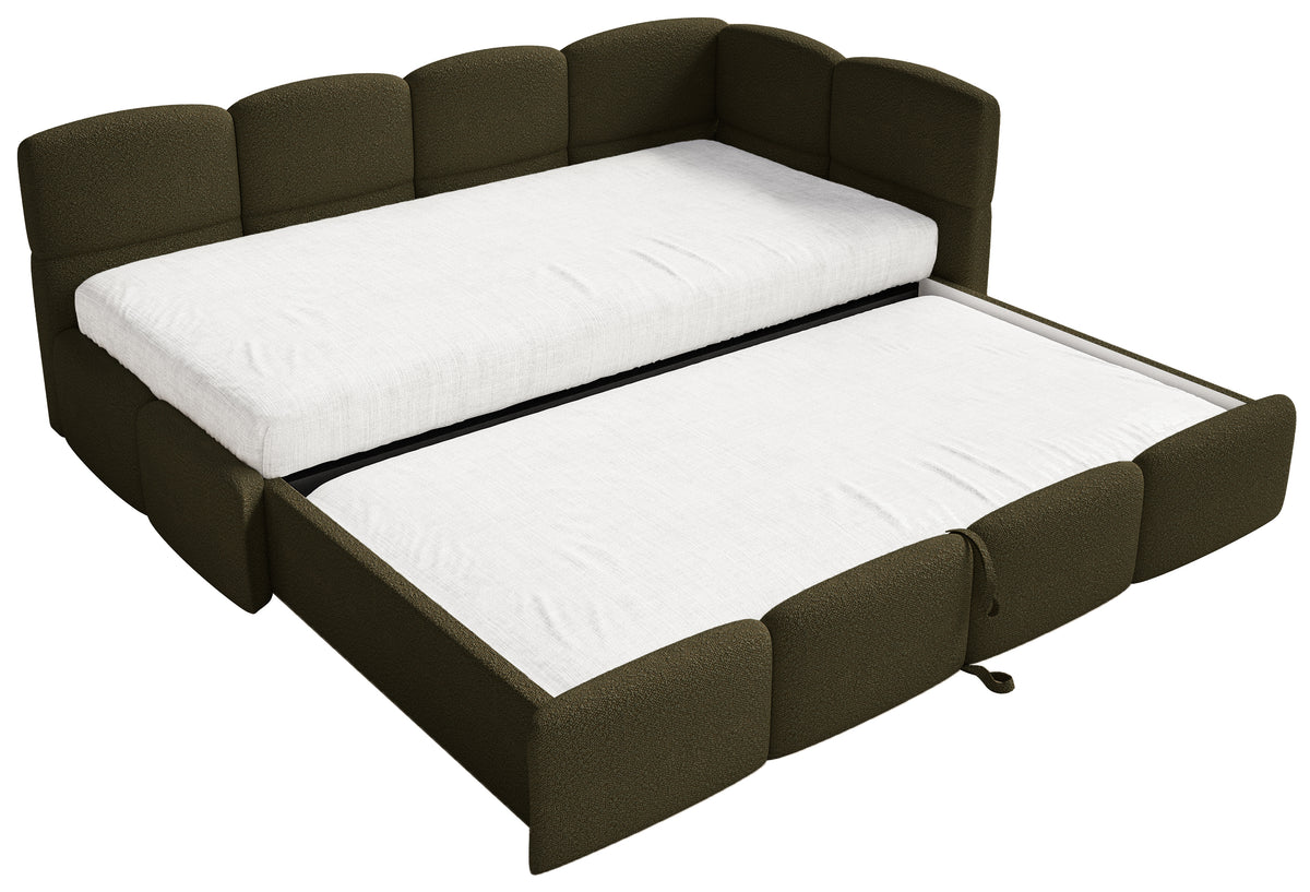 Jugendbett 90x200 cm Cloudy, rechtsseitig ausziehbar, mit Matratzen, olivgrünes Bouclé