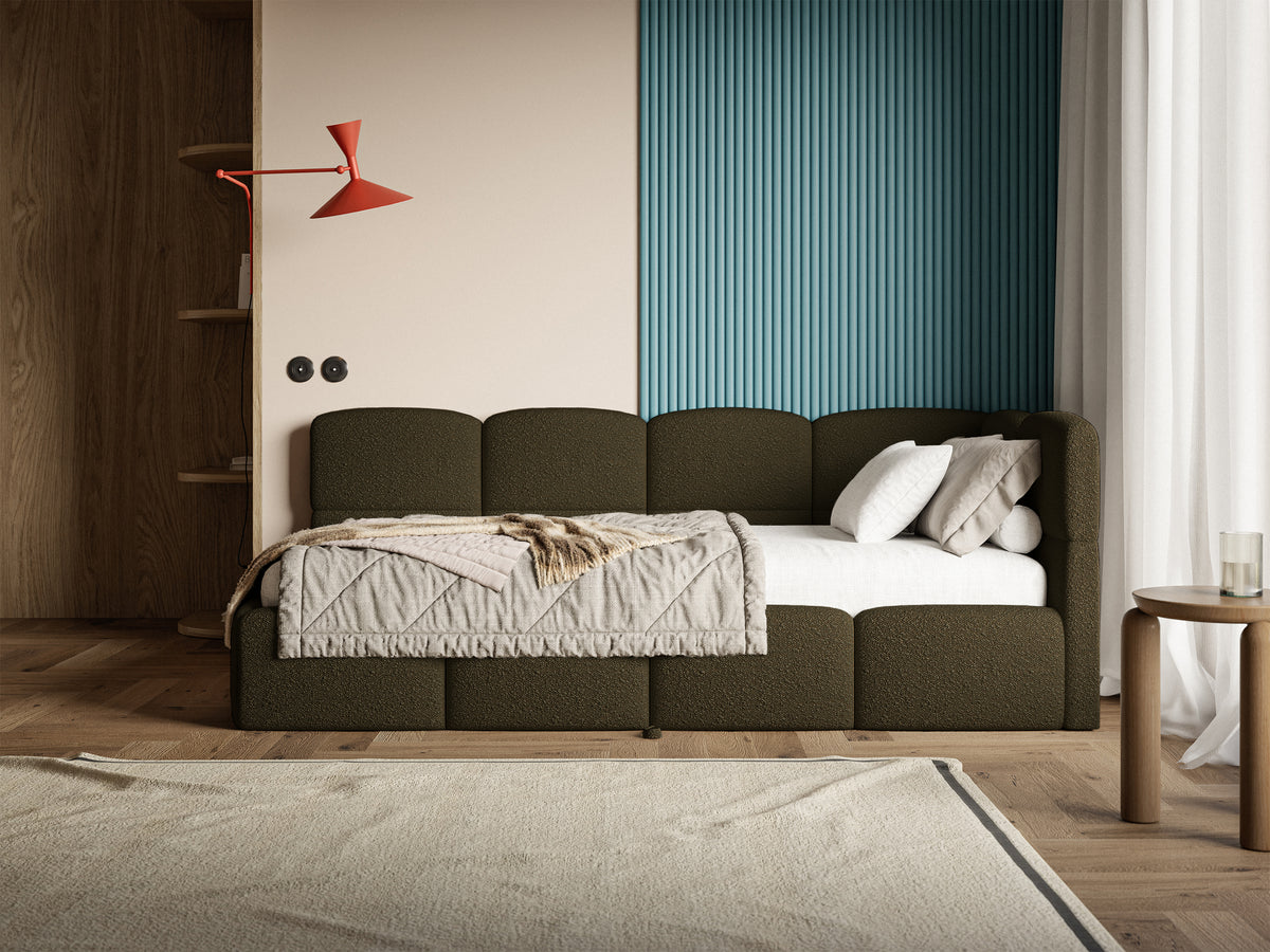 Jugendbett 90x200 cm Cloudy, rechtsseitig ausziehbar, mit Matratzen, olivgrünes Bouclé