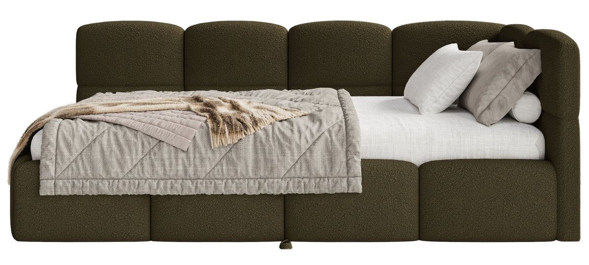 Jugendbett 90x200 cm Cloudy, rechtsseitig ausziehbar, mit Matratzen, olivgrünes Bouclé
