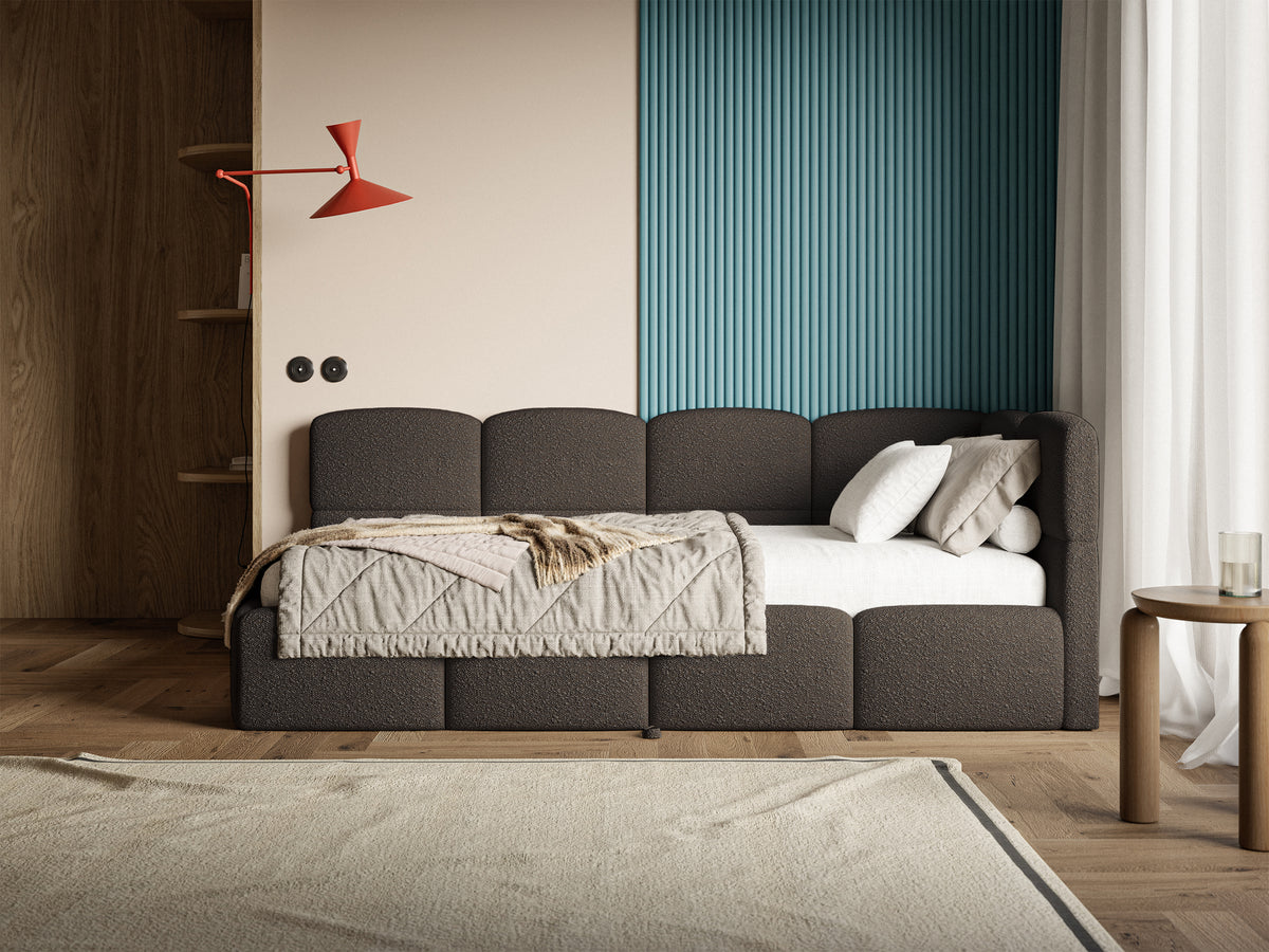 Jugendbett 90x200 cm Cloudy, rechtsseitig ausziehbar, mit Matratzen, braunes Bouclé