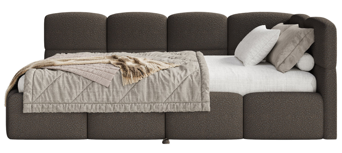 Jugendbett 90x200 cm Cloudy, rechtsseitig ausziehbar, mit Matratzen, braunes Bouclé