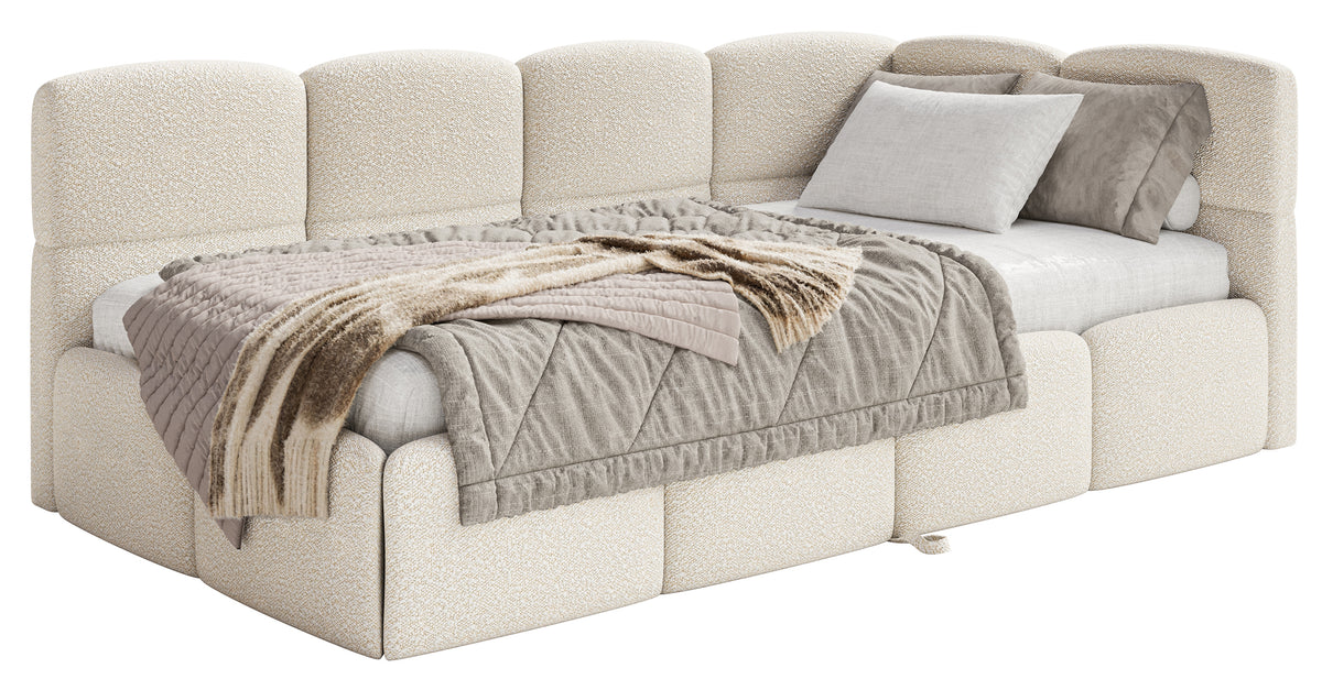 Jugendbett 90x200 cm Cloudy, rechtsseitig ausziehbar, mit Matratzen, hellbeige Bouclé
