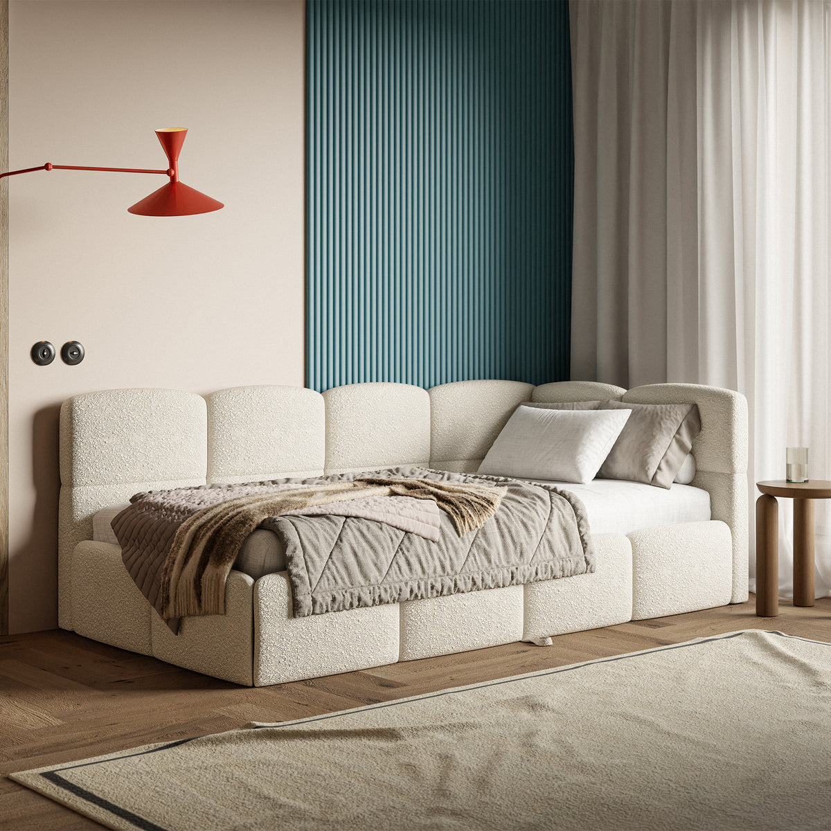 Jugendbett 90x200 cm Cloudy, rechtsseitig ausziehbar, mit Matratzen, hellbeige Bouclé