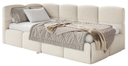 Jugendbett 90x200 cm Cloudy, linksseitig ausziehbar, mit Matratzen, hellbeige Bouclé