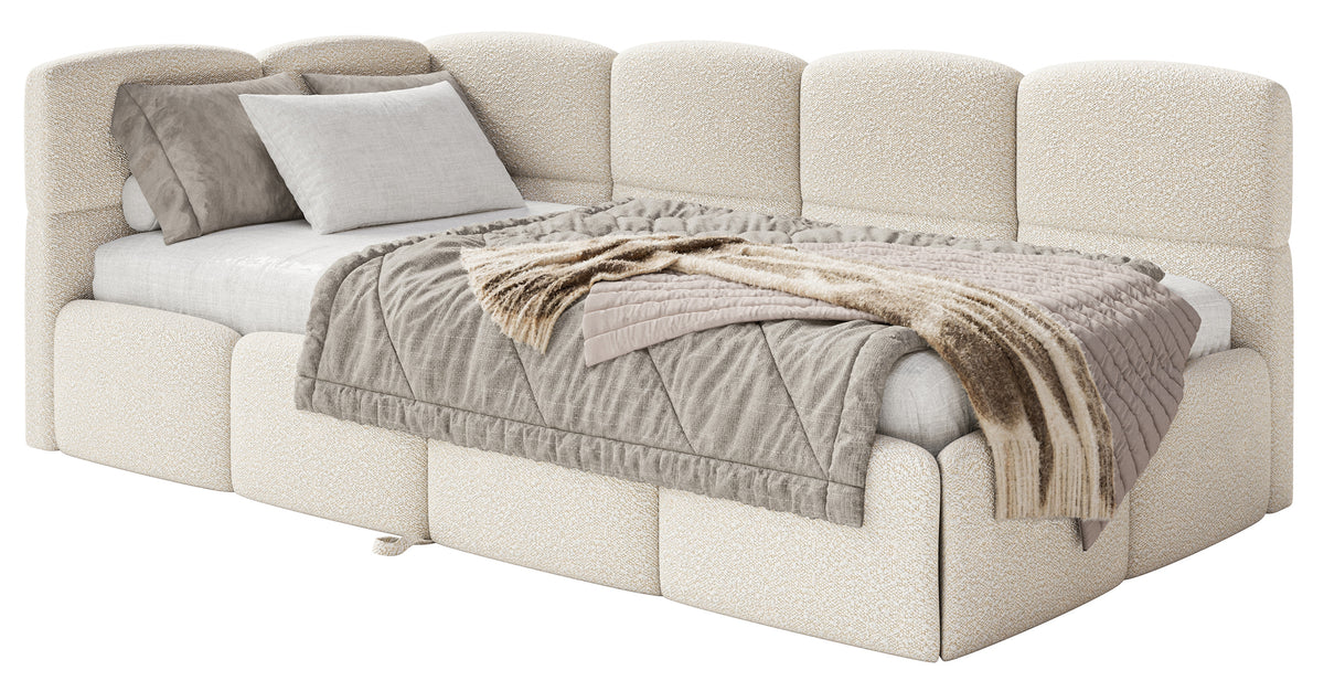 Jugendbett 90x200 cm Cloudy, linksseitig ausziehbar, mit Matratzen, hellbeige Bouclé