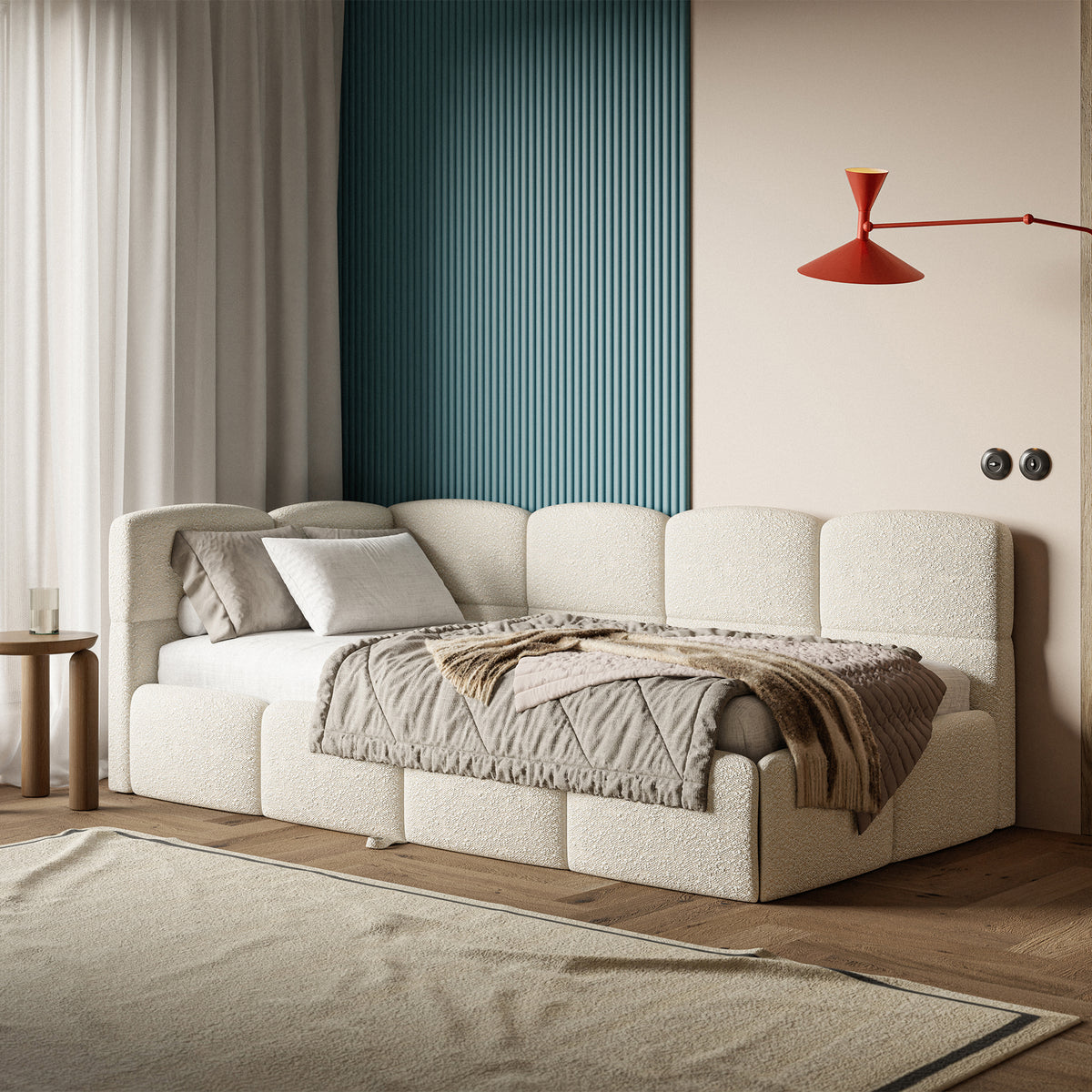 Jugendbett 90x200 cm Cloudy, linksseitig ausziehbar, mit Matratzen, hellbeige Bouclé