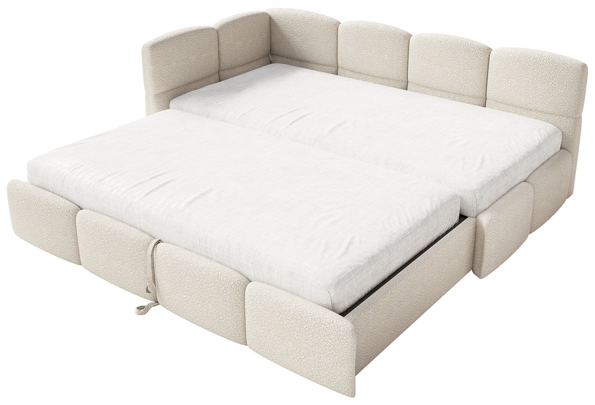 Jugendbett 90x200 cm Cloudy, linksseitig ausziehbar, mit Matratzen, hellbeige Bouclé