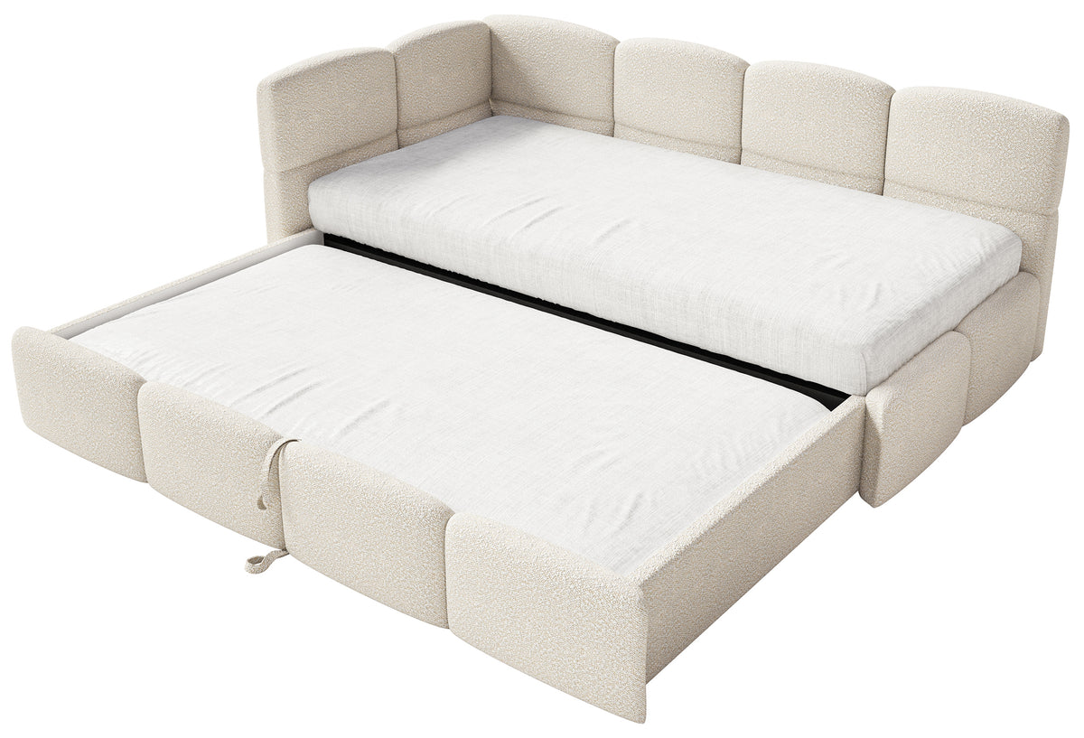 Jugendbett 90x200 cm Cloudy, linksseitig ausziehbar, mit Matratzen, hellbeige Bouclé