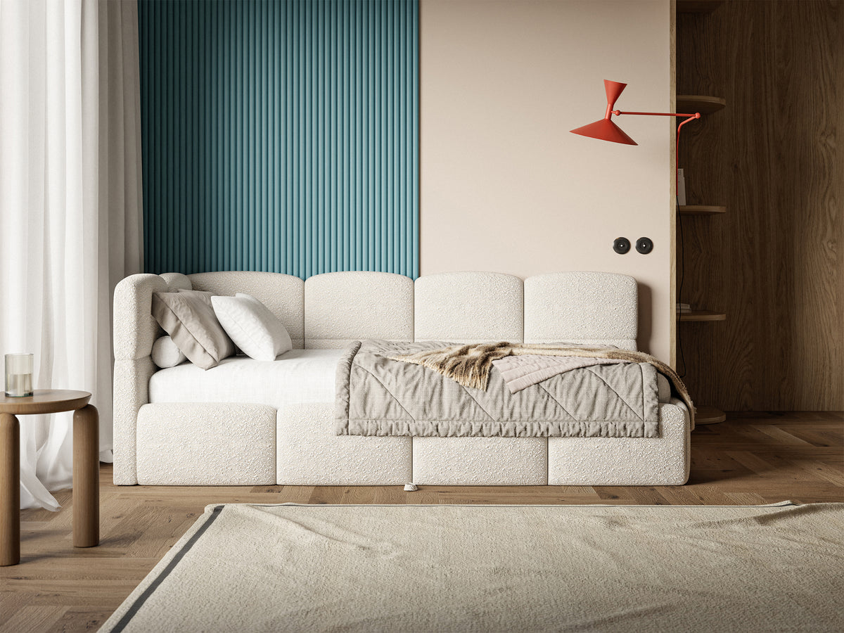Jugendbett 90x200 cm Cloudy, linksseitig ausziehbar, mit Matratzen, hellbeige Bouclé