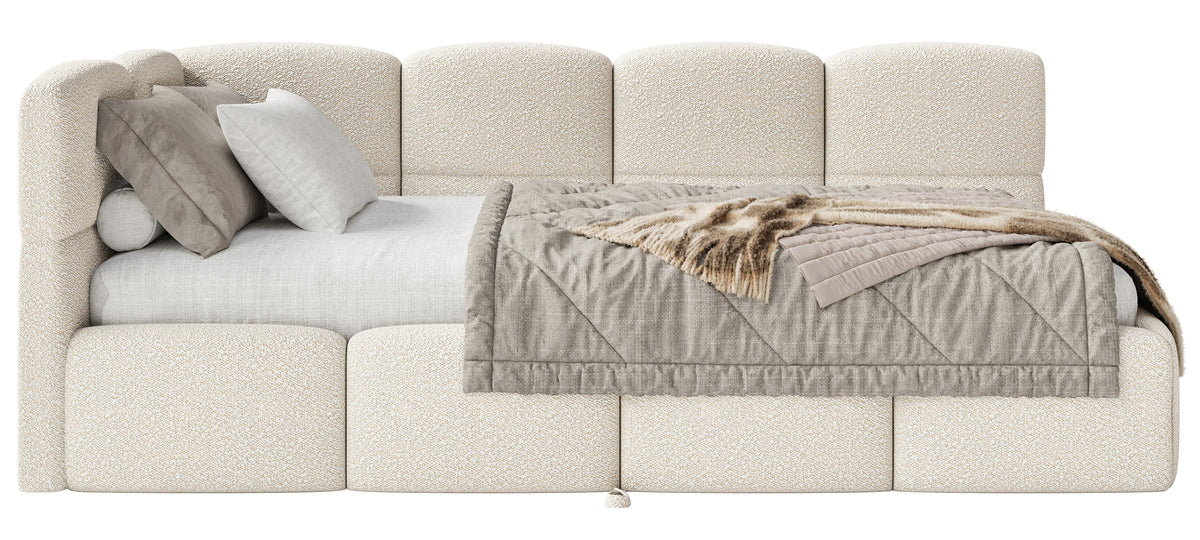 Jugendbett 90x200 cm Cloudy, linksseitig ausziehbar, mit Matratzen, hellbeige Bouclé