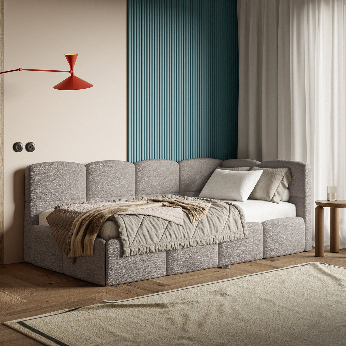 Jugendbett 90x200 cm Cloudy, rechtsseitig ausziehbar, mit hellgrauen Bouclé-Matratzen