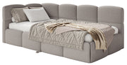 Jugendbett 90x200 cm Cloudy, links ausziehbar, mit hellgrauen Bouclé-Matratzen