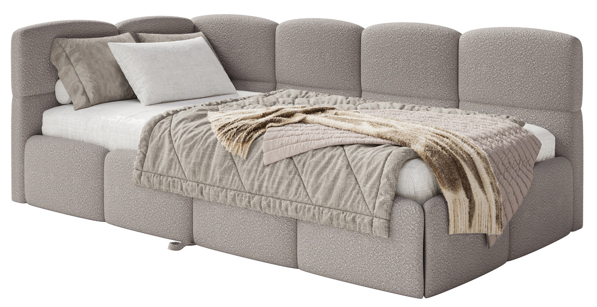 Jugendbett 90x200 cm Cloudy, links ausziehbar, mit hellgrauen Bouclé-Matratzen