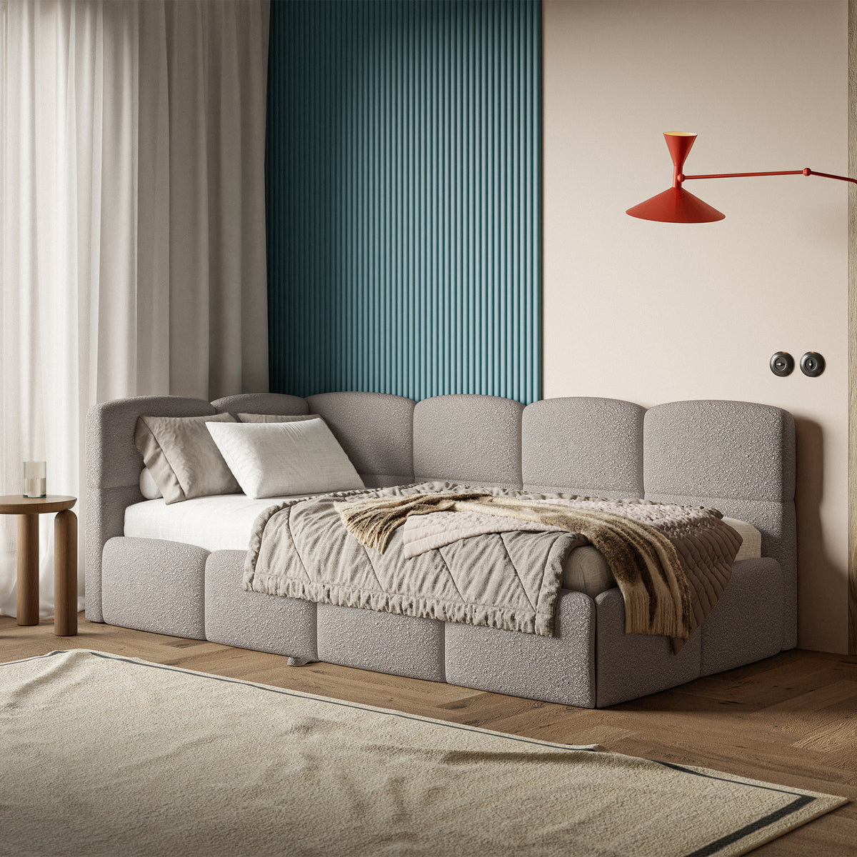 Jugendbett 90x200 cm Cloudy, links ausziehbar, mit hellgrauen Bouclé-Matratzen