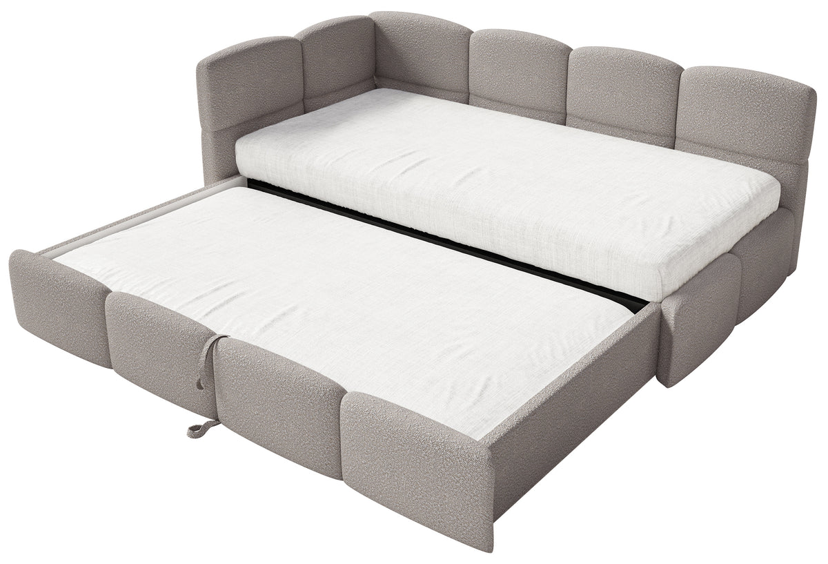 Jugendbett 90x200 cm Cloudy, links ausziehbar, mit hellgrauen Bouclé-Matratzen