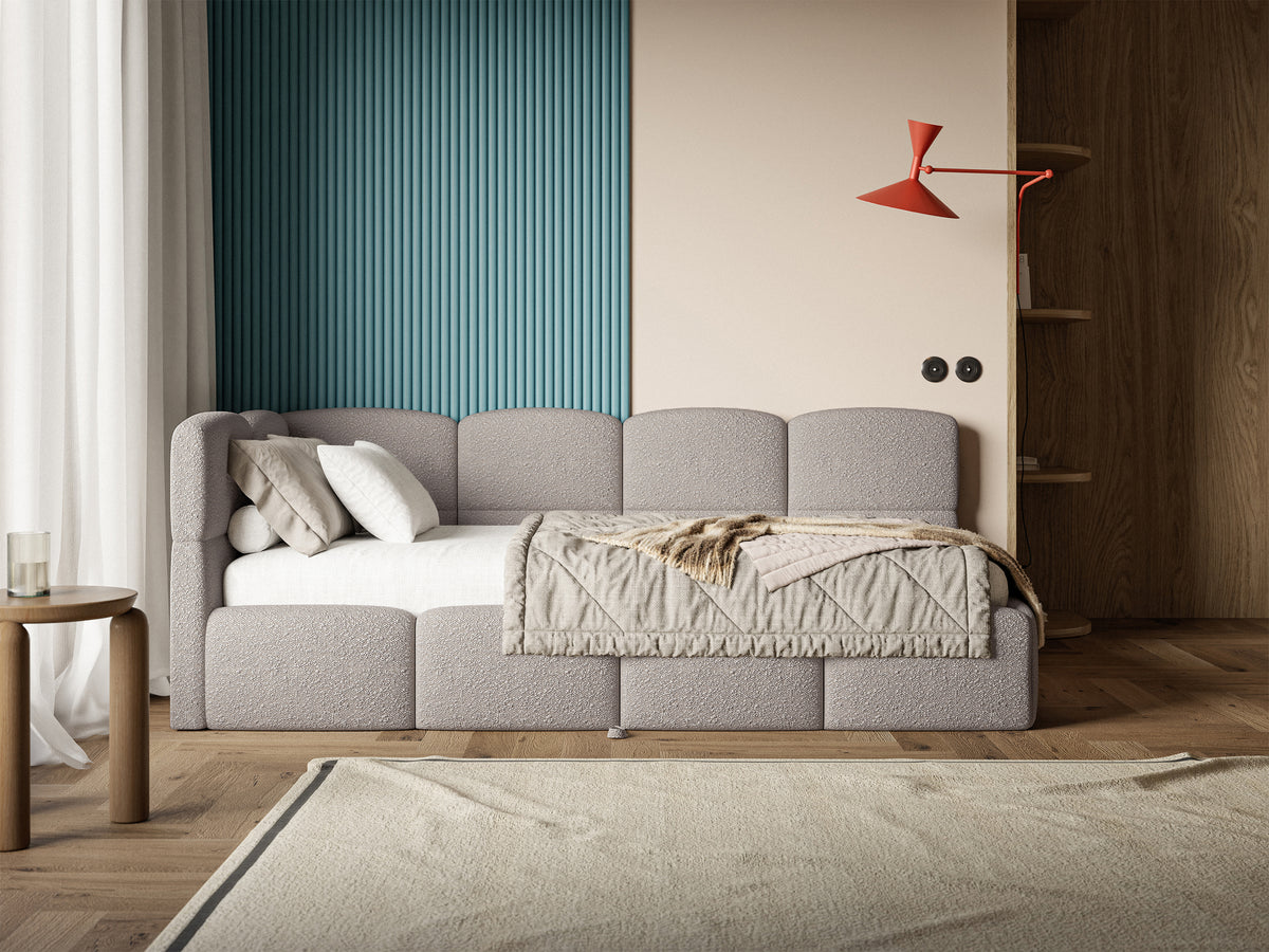 Jugendbett 90x200 cm Cloudy, links ausziehbar, mit hellgrauen Bouclé-Matratzen