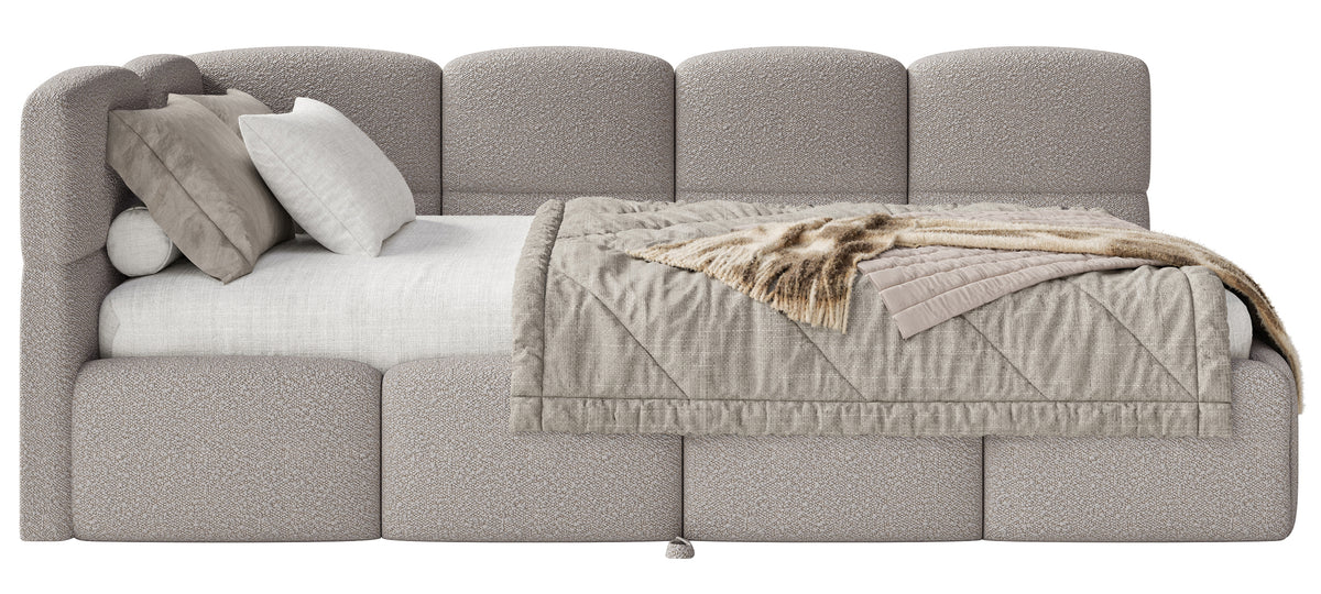 Jugendbett 90x200 cm Cloudy, links ausziehbar, mit hellgrauen Bouclé-Matratzen