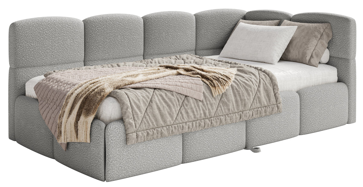 Jugendbett 90x200 cm Cloudy, rechtsseitig ausziehbar, mit Matratzen, grauer Bouclé-Bezug