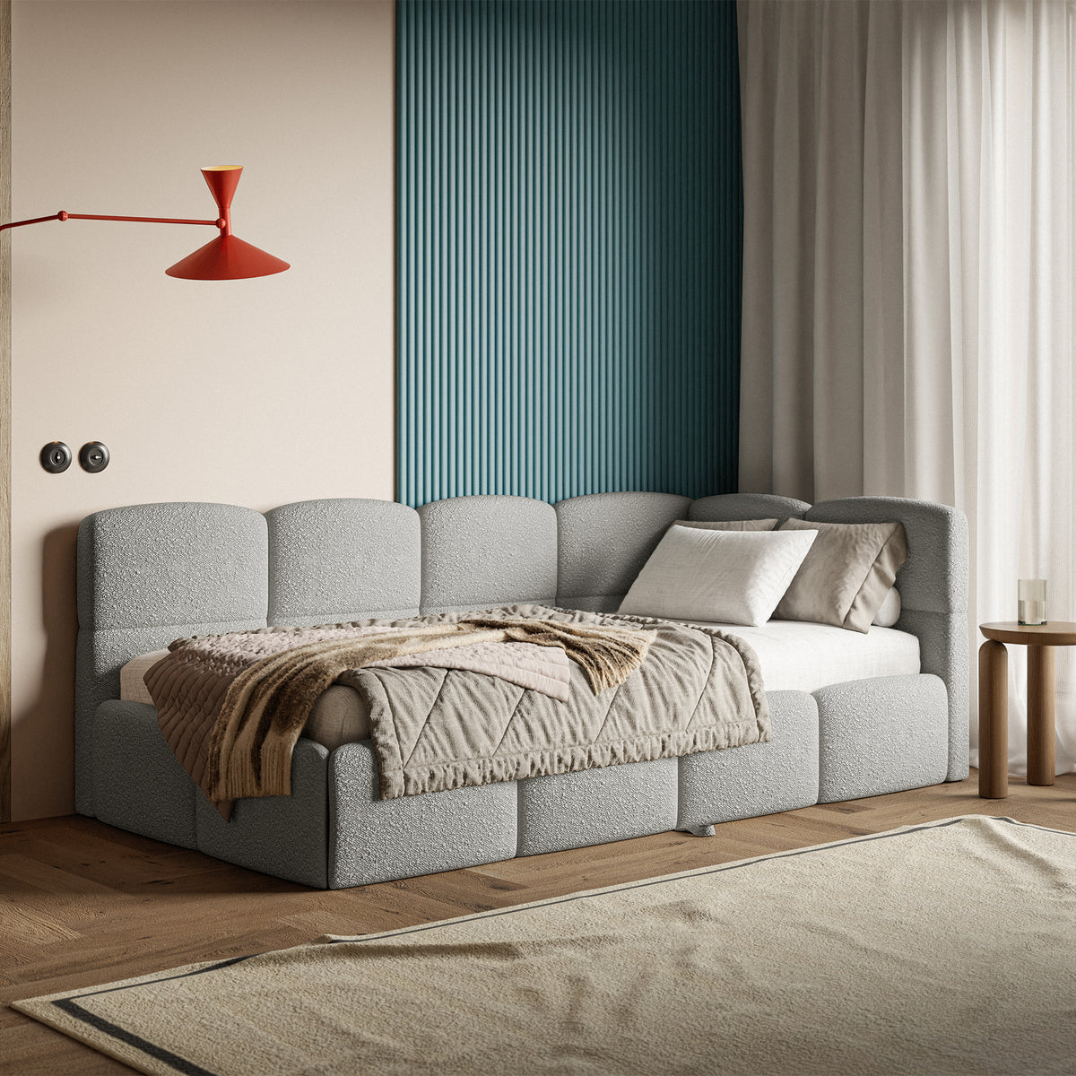 Jugendbett 90x200 cm Cloudy, rechtsseitig ausziehbar, mit Matratzen, grauer Bouclé-Bezug