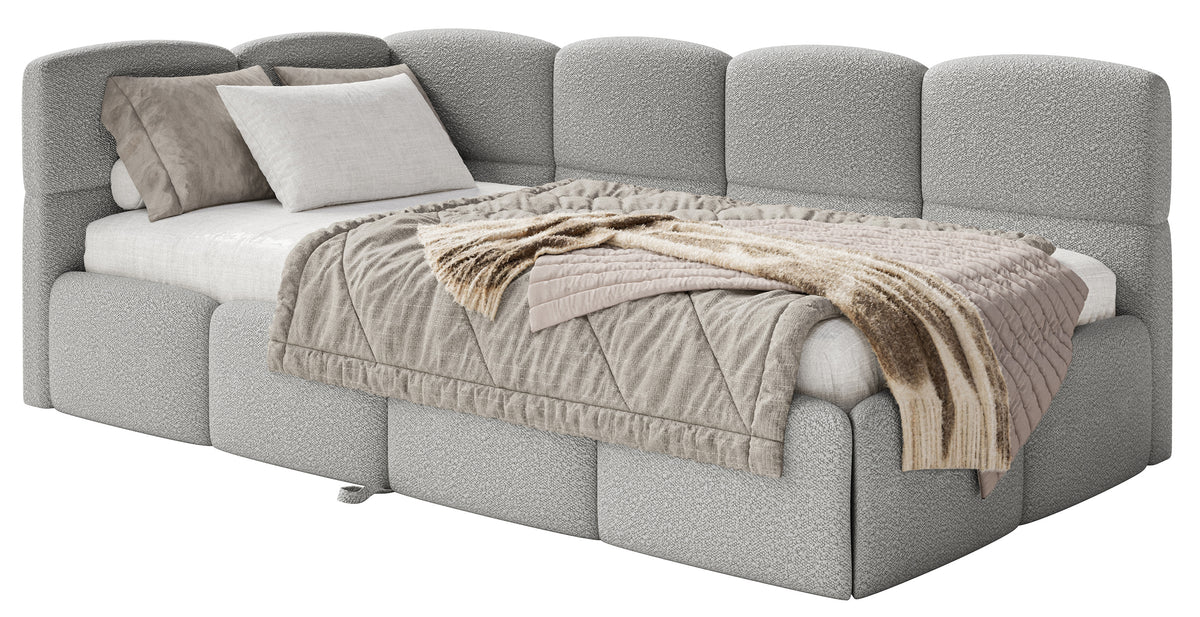 Jugendbett 90x200 cm Cloudy, links ausziehbar, mit Matratzen, graues Bouclé