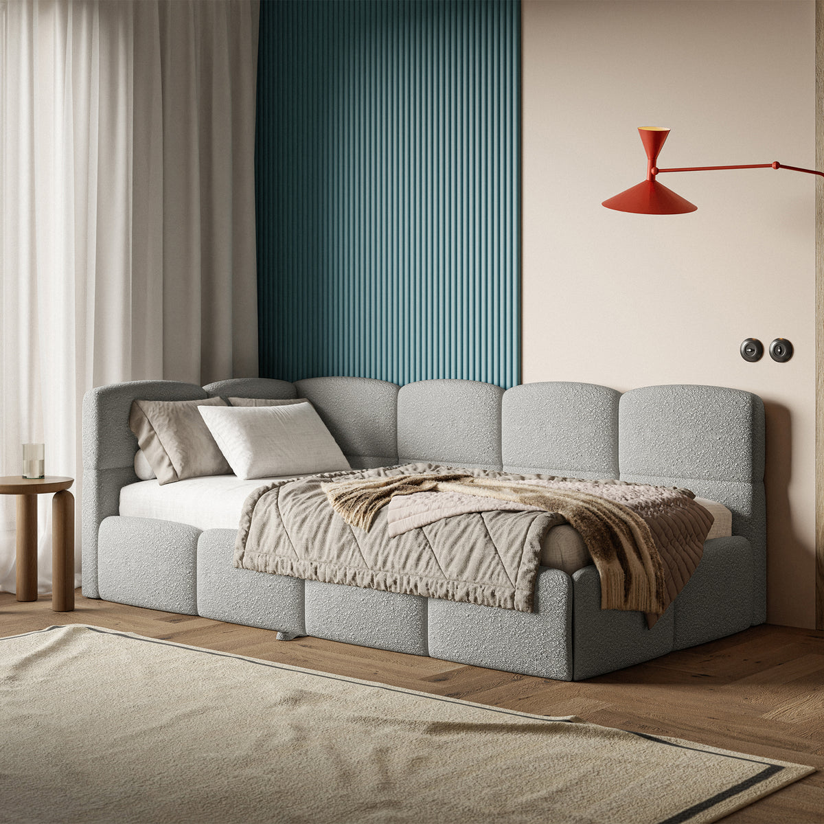 Jugendbett 90x200 cm Cloudy, links ausziehbar, mit Matratzen, graues Bouclé