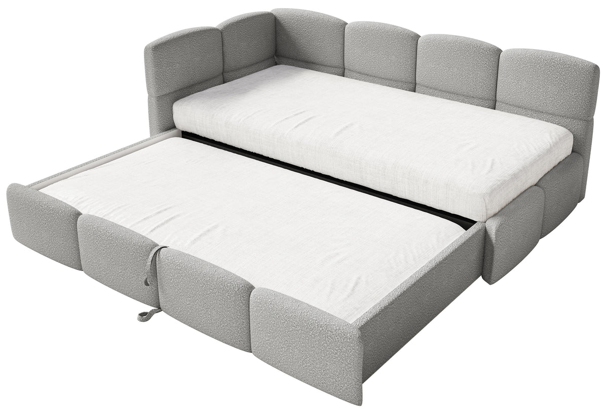 Jugendbett 90x200 cm Cloudy, links ausziehbar, mit Matratzen, graues Bouclé