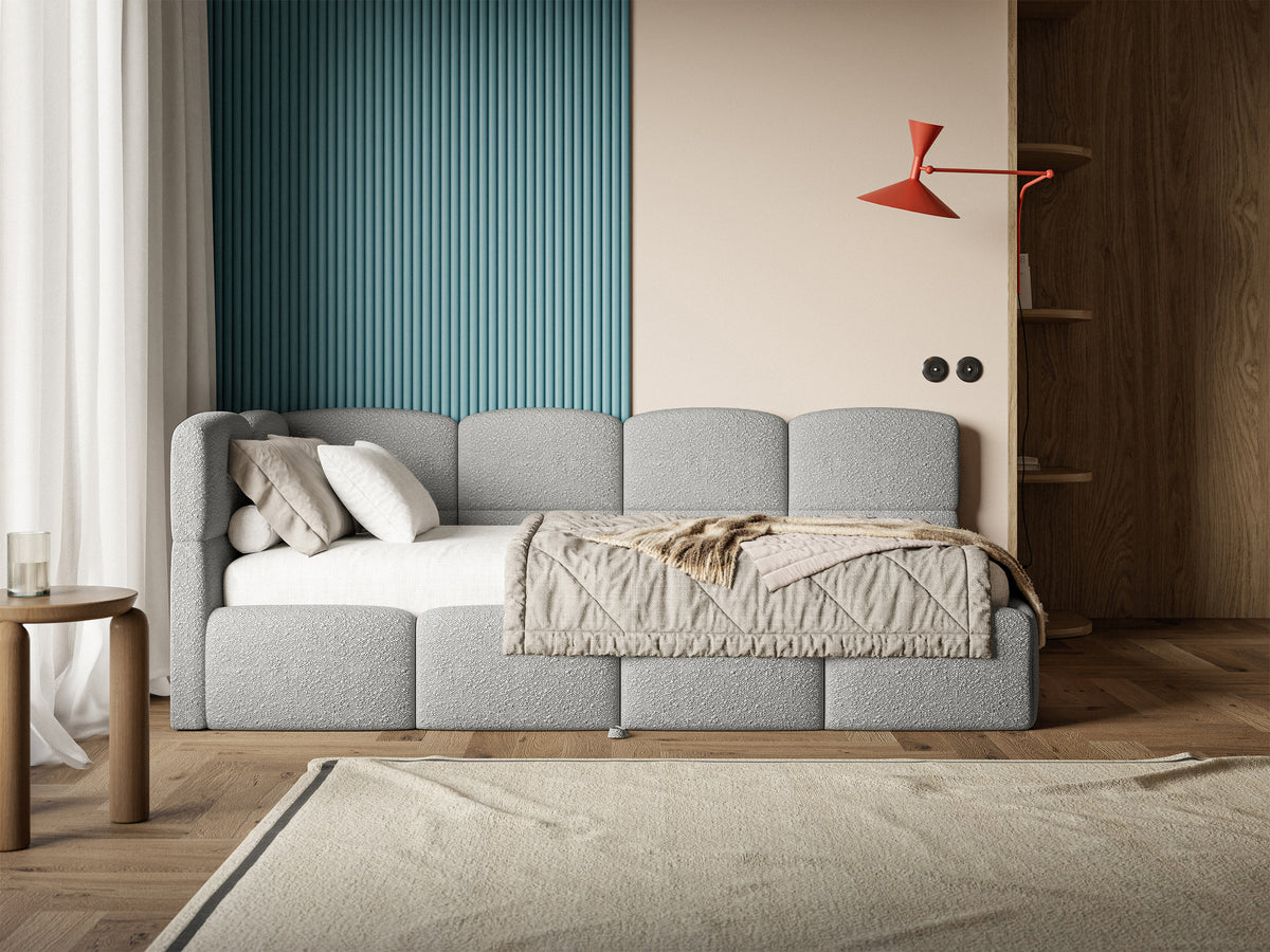 Jugendbett 90x200 cm Cloudy, links ausziehbar, mit Matratzen, graues Bouclé