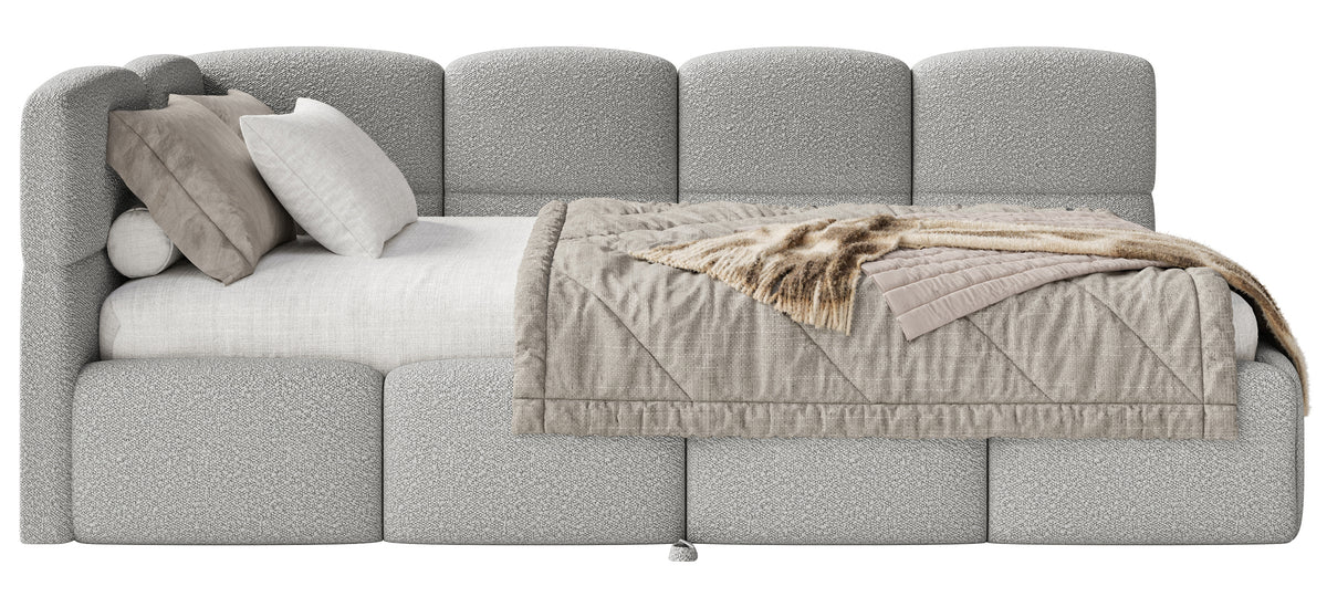 Jugendbett 90x200 cm Cloudy, links ausziehbar, mit Matratzen, graues Bouclé