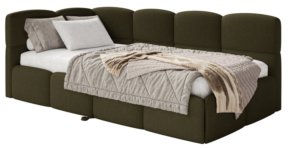 Jugendbett 90x200 cm Cloudy, linksseitig ausziehbar, mit Matratzen, olivgrüner Bouclé-Bezug