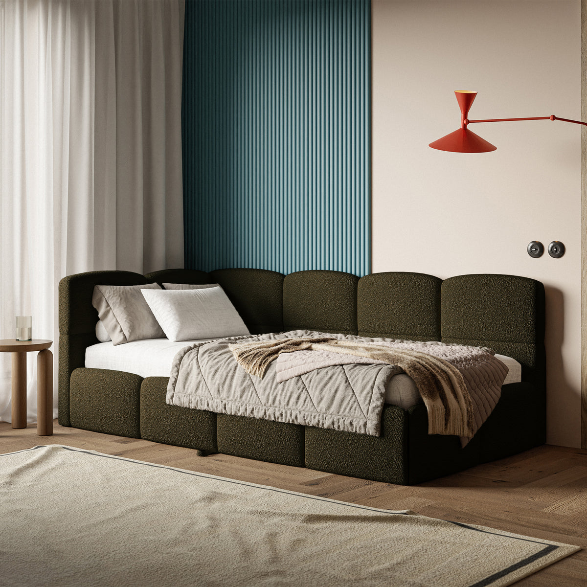 Jugendbett 90x200 cm Cloudy, linksseitig ausziehbar, mit Matratzen, olivgrüner Bouclé-Bezug