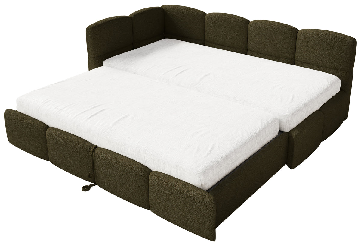 Jugendbett 90x200 cm Cloudy, linksseitig ausziehbar, mit Matratzen, olivgrüner Bouclé-Bezug
