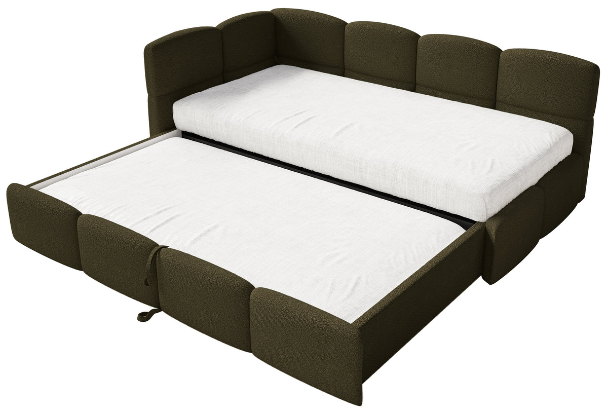 Jugendbett 90x200 cm Cloudy, linksseitig ausziehbar, mit Matratzen, olivgrüner Bouclé-Bezug
