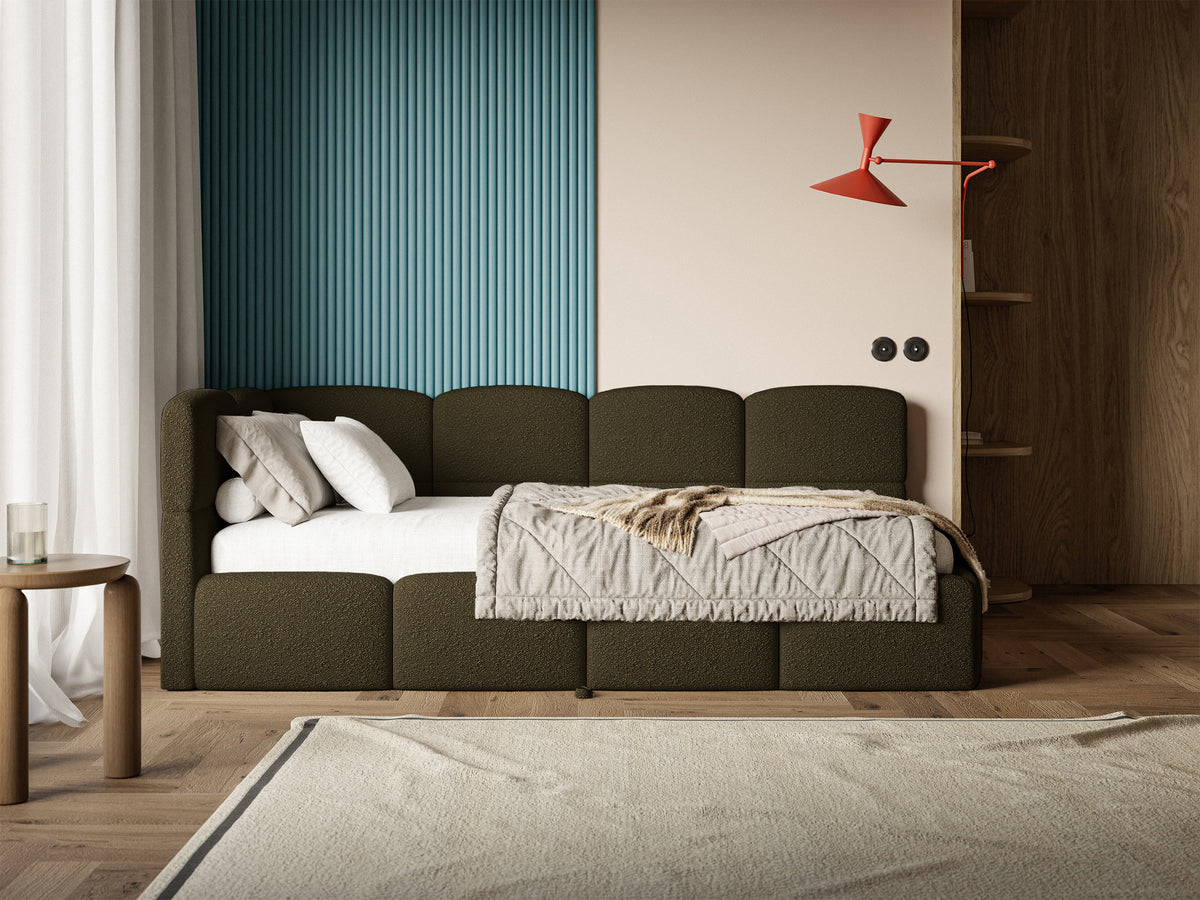 Jugendbett 90x200 cm Cloudy, linksseitig ausziehbar, mit Matratzen, olivgrüner Bouclé-Bezug