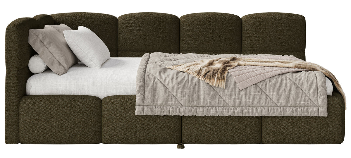 Jugendbett 90x200 cm Cloudy, linksseitig ausziehbar, mit Matratzen, olivgrüner Bouclé-Bezug