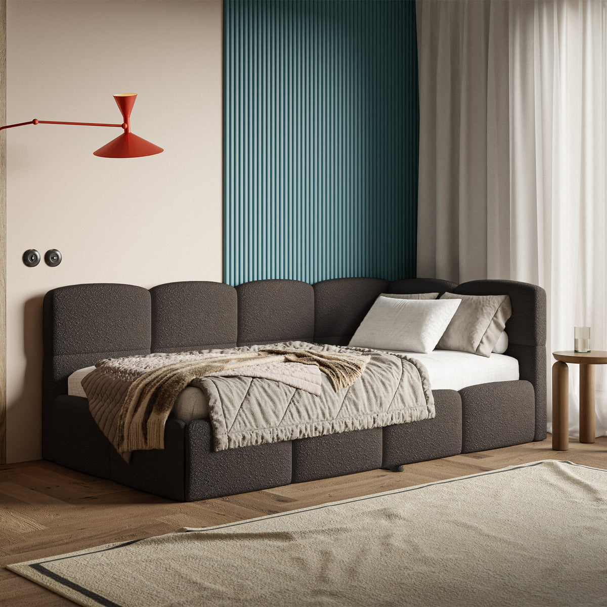 Jugendbett 90x200 cm Cloudy, rechtsseitig ausziehbar, mit Matratzen, braunes Bouclé